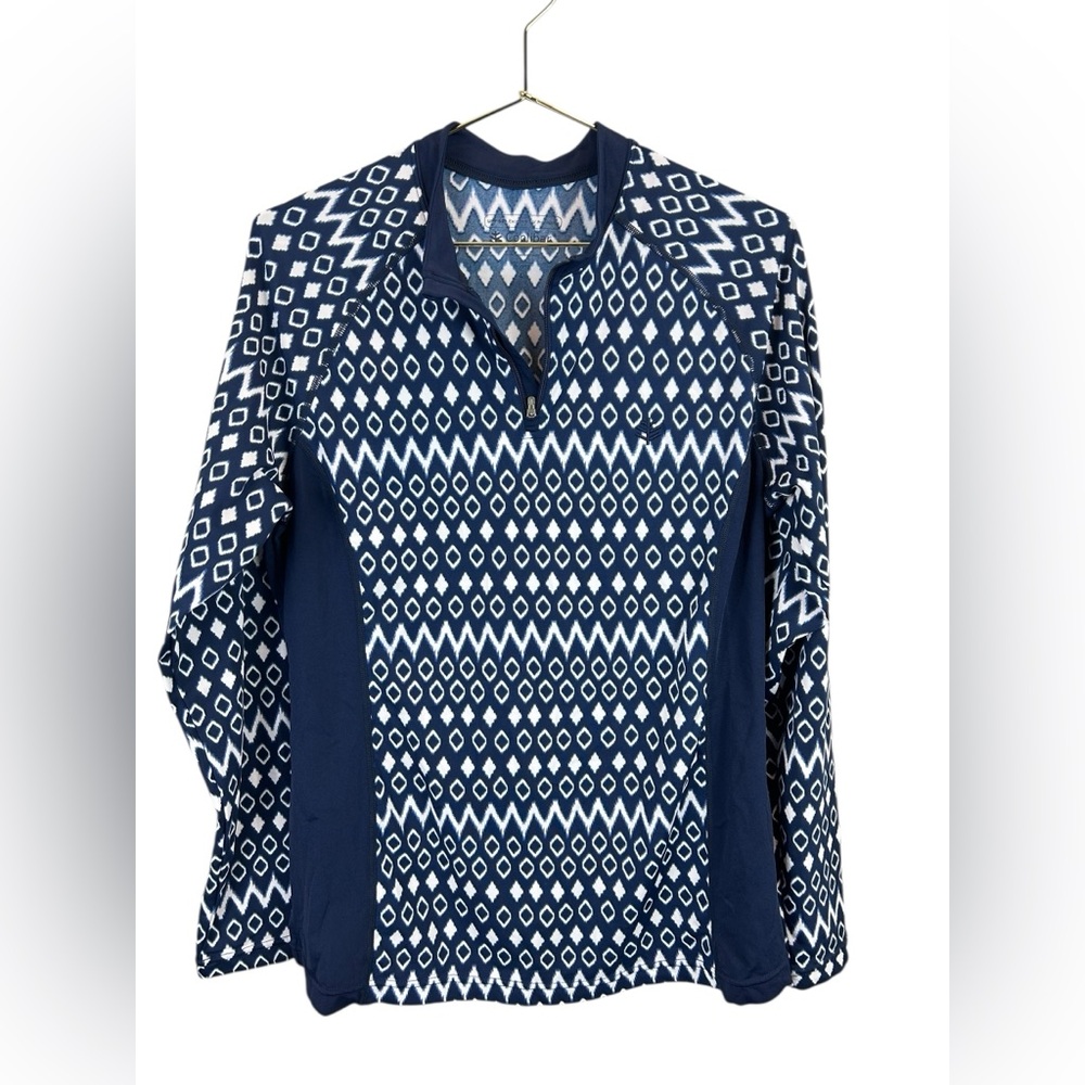 Coolibar women’s Navy and White Geometric Patterned Pullover swim Summer top